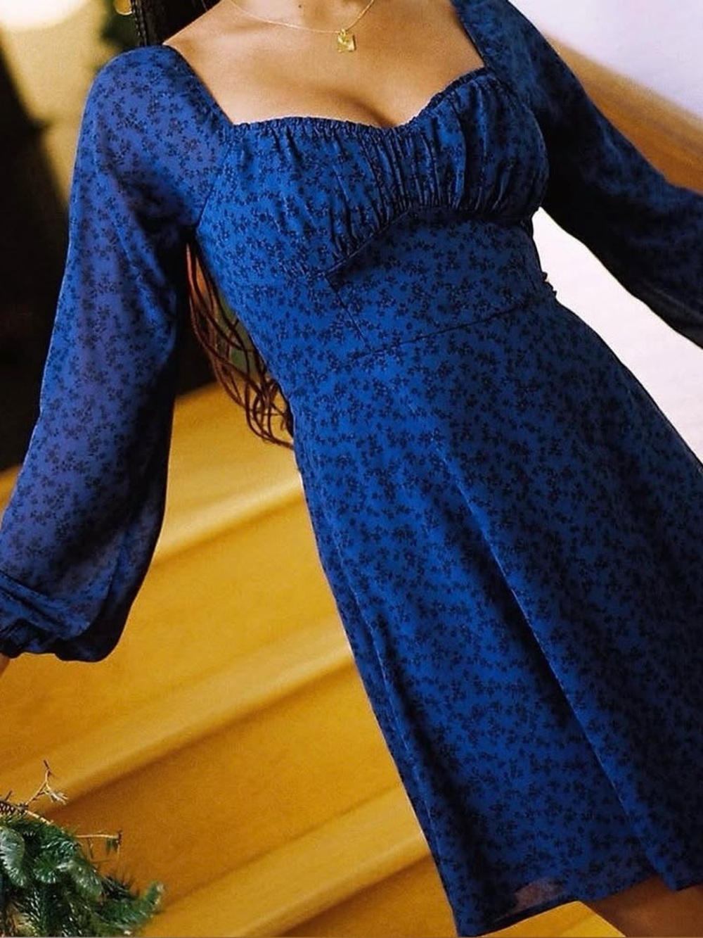 Hollister Navy Floral Long-Sleeve Sweetheart Neck Dress Long Puff Sleeve Size S